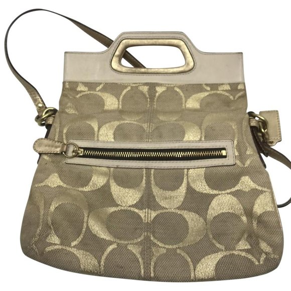 Coach Handbags - COACH Tan Cream Jacquard Fabric CrossBody Bag